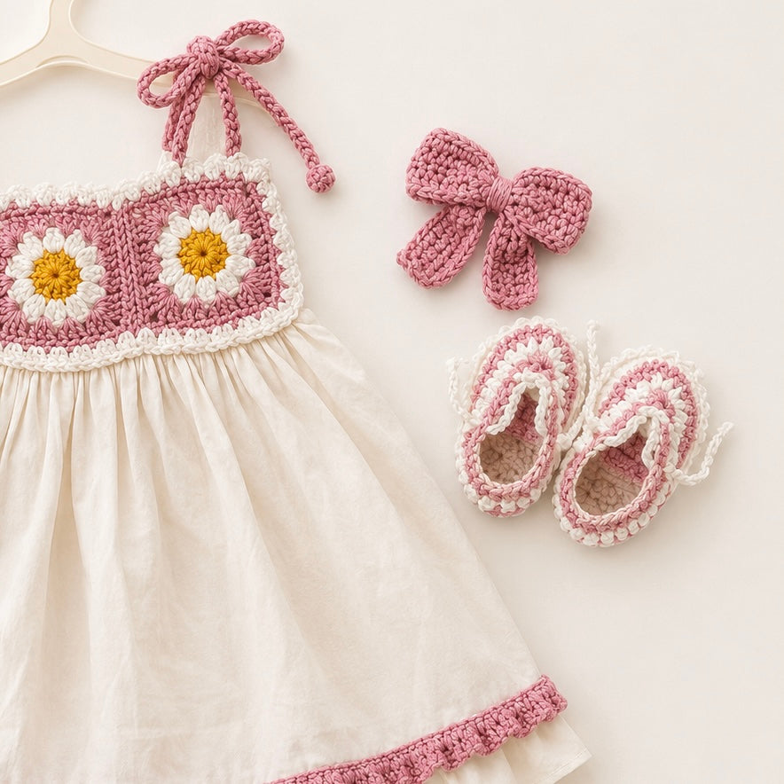 Crochet Baby Dress Set | Granny Square Design | Handmade | 0–6 Months | Custom Sizes | All Season | Bestseller