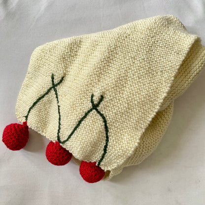 Crochet Woollen Scarf | Off White | Red Pom-Poms | Hand knitted