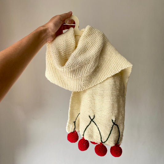 Crochet Woollen Scarf | Off White | Red Pom-Poms | Hand knitted