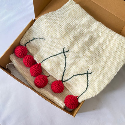 Crochet Woollen Scarf | Off White | Red Pom-Poms | Hand knitted