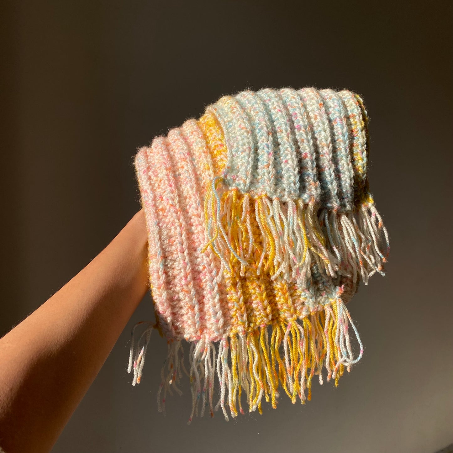 Crochet Woollen Scarf | Unisex |Handmade | Colourful Pattern | Bright Sunflower