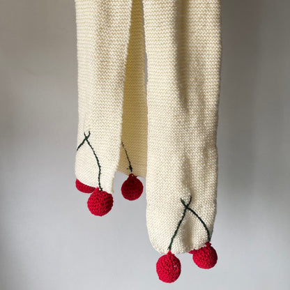 Crochet Woollen Scarf | Off White | Red Pom-Poms | Hand knitted